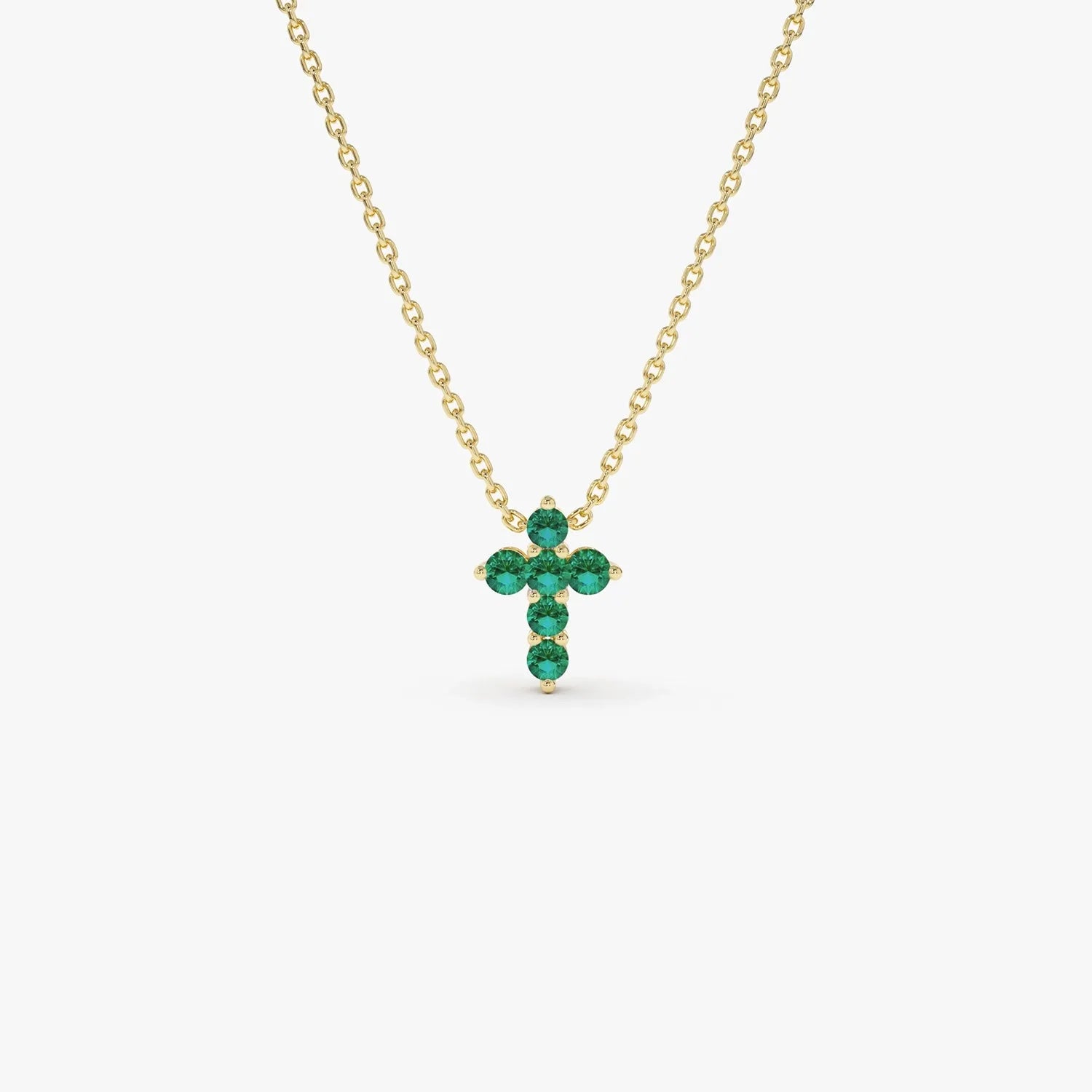 14k Solid Gold Round Emerald 0.18 CTW Tiny Cross Pendant Necklace Prong Setting