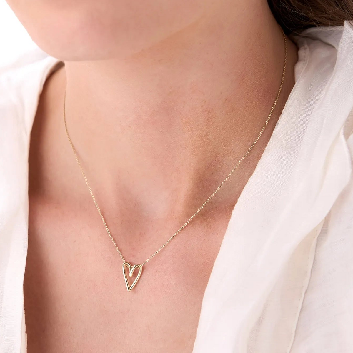 14k Solid Gold Abstract Open Heart Pendant Necklace