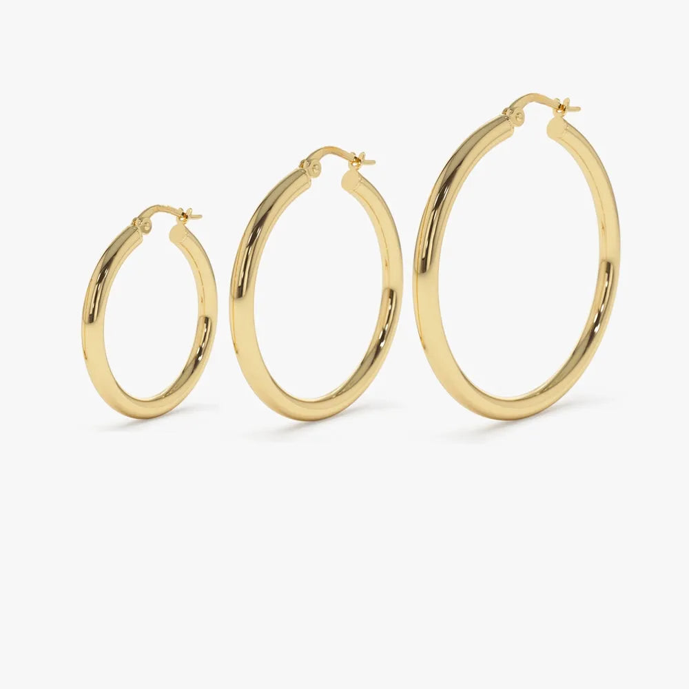 14k Solid Gold Round Hoop Earrings 3mm Thick Polished