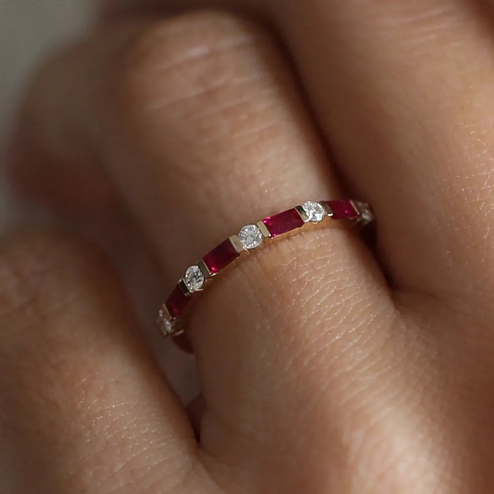 14k Gold Ruby and Diamond Baguette and Round Cut Stackable Wedding Ring Bar Channel Setting 0.63 ctw