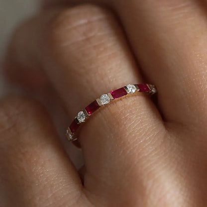 14k Gold Ruby and Diamond Baguette and Round Cut Stackable Wedding Ring Bar Channel Setting 0.63 ctw