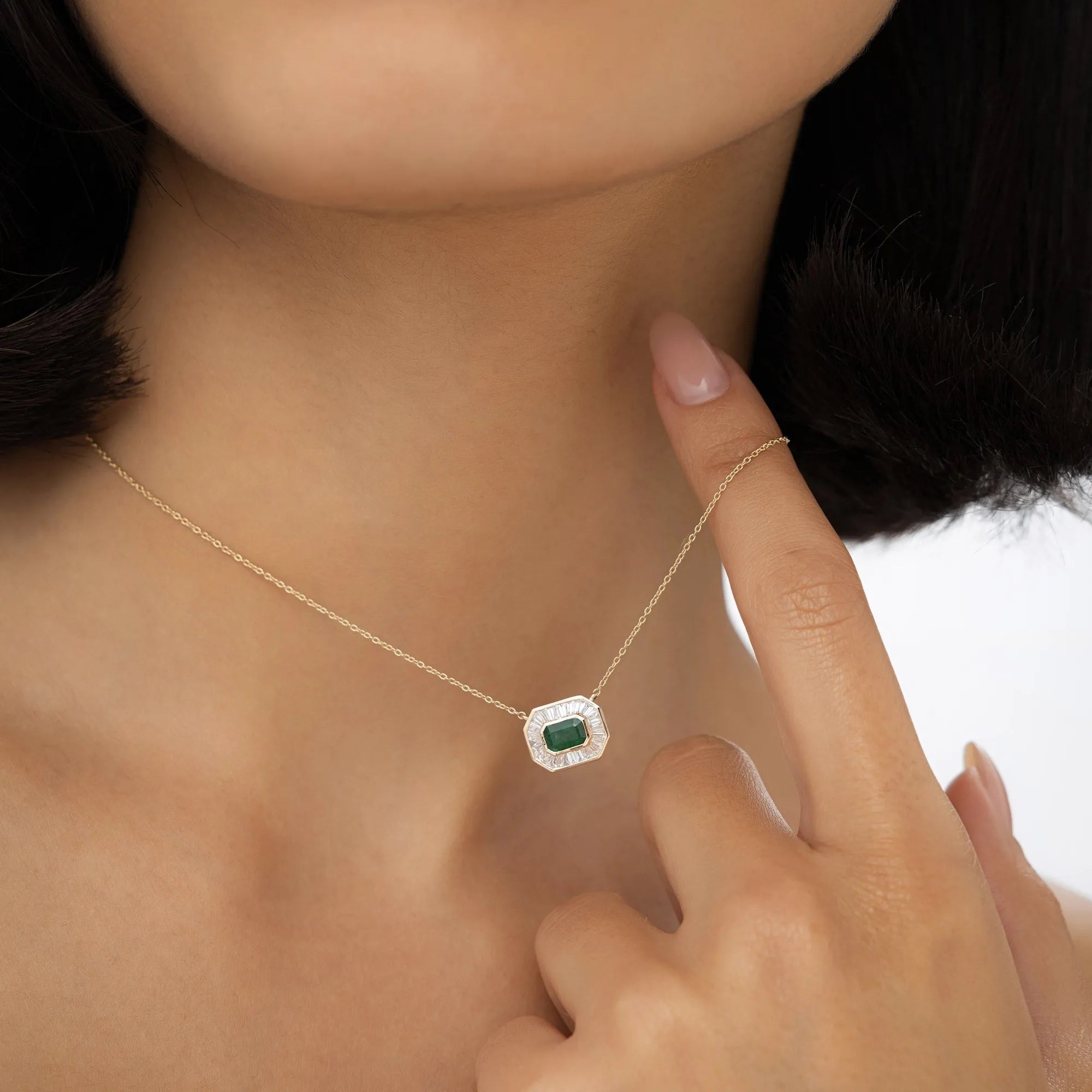 14k Solid Gold Octagon Emerald 0.65 CTW and Baguette Diamond 0.45 CTW Halo Pendant Necklace