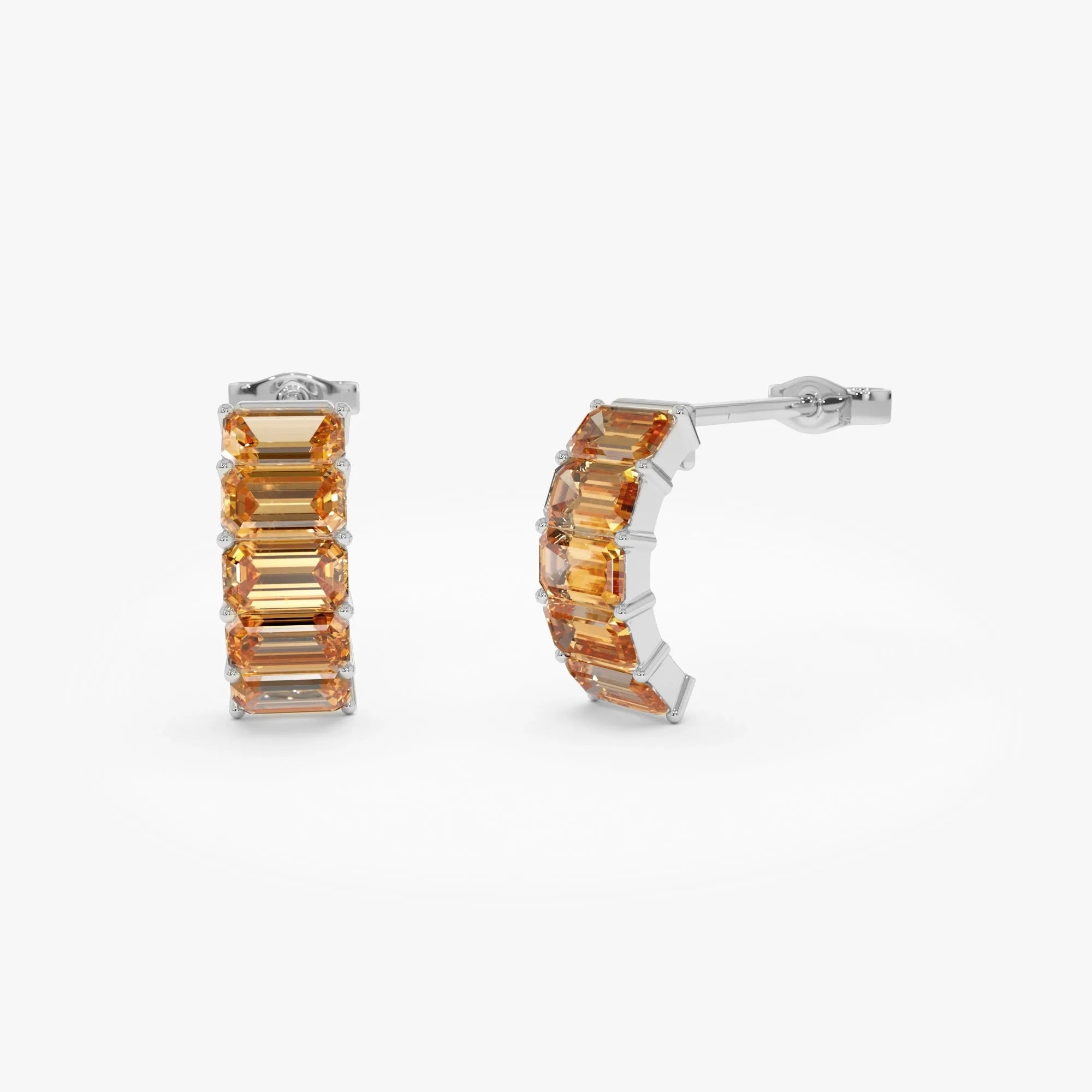 14K Solid Gold Octagon Cut Citrine Half Hoop Earrings 2.95ctw