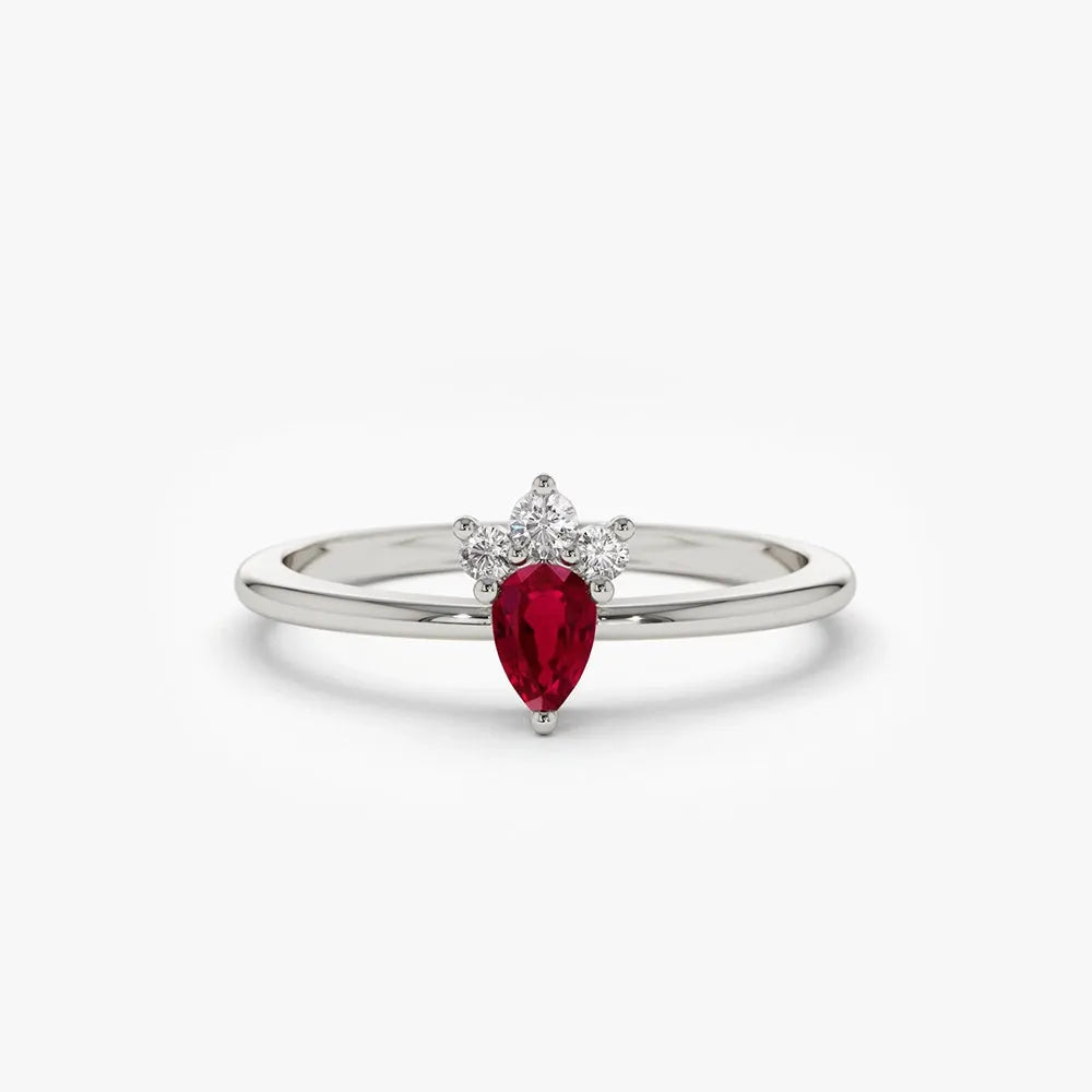 14k Gold Ruby and Diamond Pear and Round Cut Mini Ring 0.31 ctw