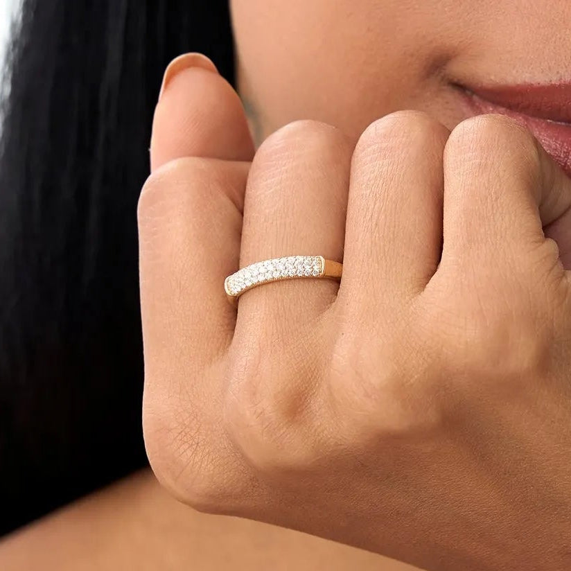 14K Solid Gold Round Diamond 0.30ctw Three Row Pave Band