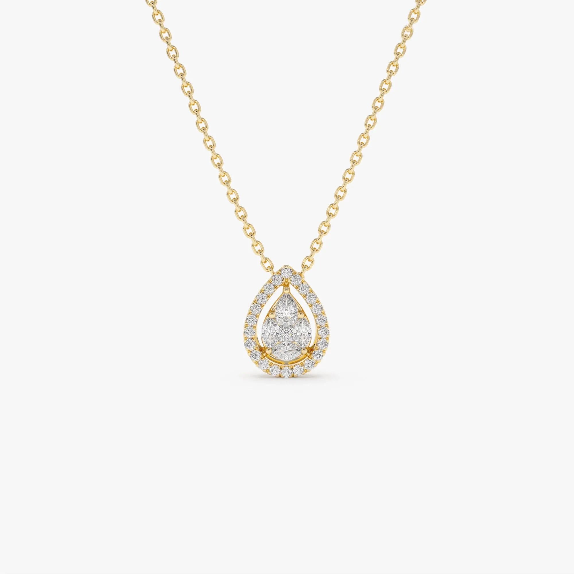 14K Solid Gold Pear Shape Diamond Illusion Setting Halo Pendant Necklace 0.25ctw