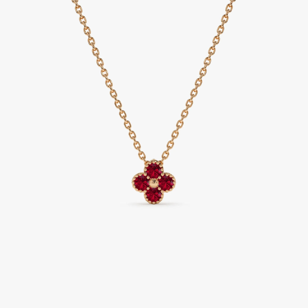 14k Solid Gold Round Ruby Clover Beaded Necklace 0.17 Carat Prong Setting