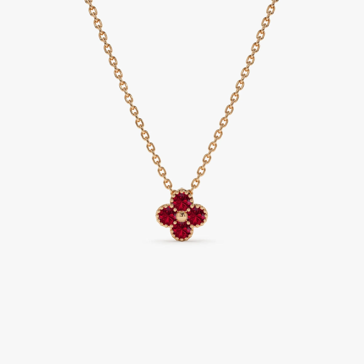 14k Solid Gold Round Ruby Clover Beaded Necklace 0.17 Carat Prong Setting
