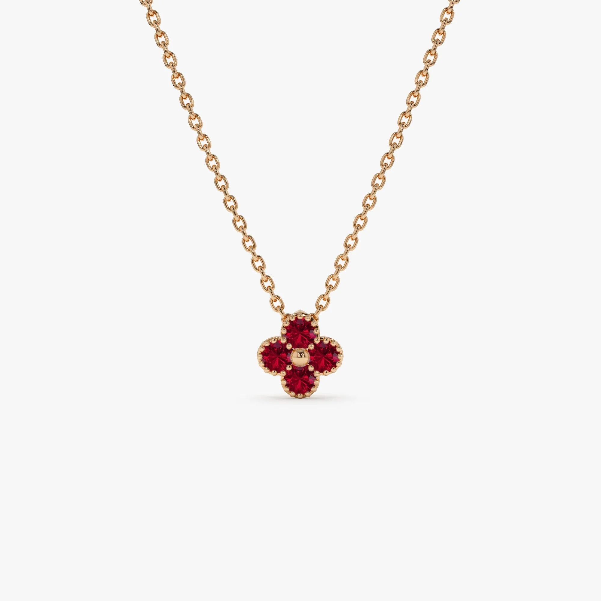 14k Solid Gold Round Ruby Clover Beaded Necklace 0.17 Carat Prong Setting