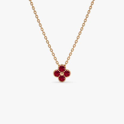 14k Solid Gold Round Ruby Clover Beaded Necklace 0.17 Carat Prong Setting