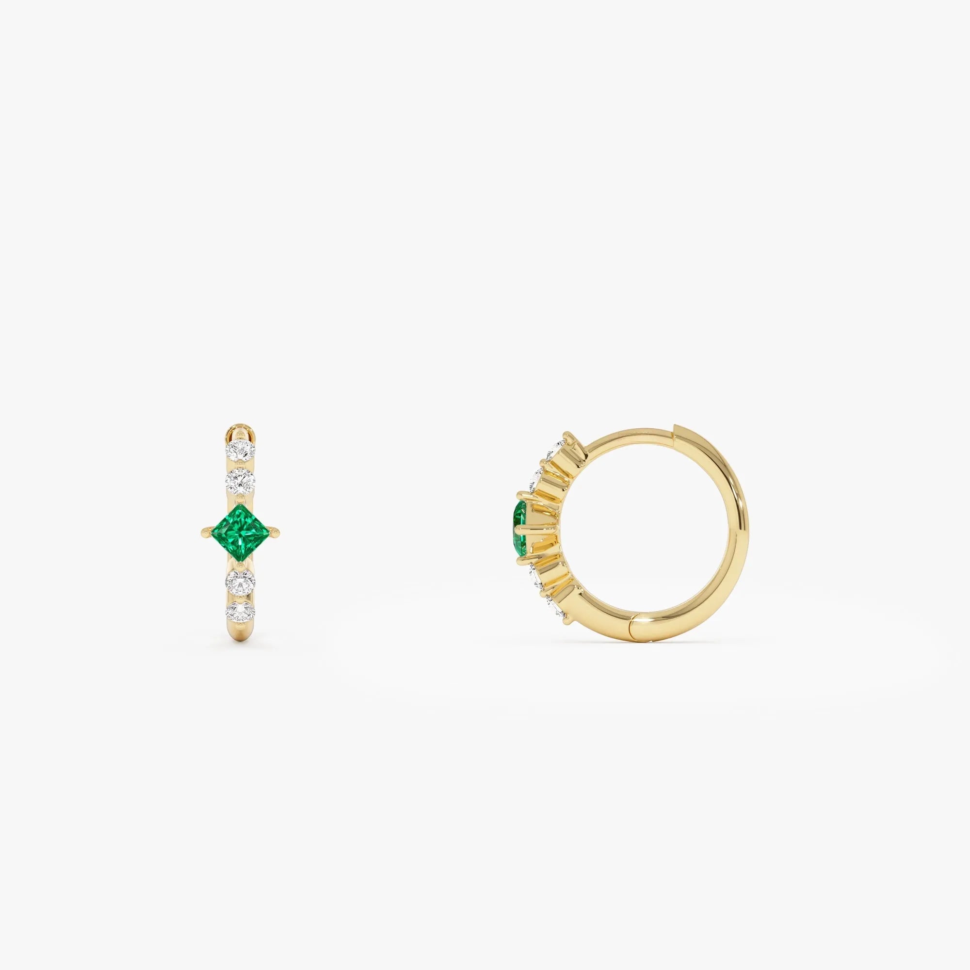 14K Solid Gold Princess Cut Emerald and Round Diamond Hoop Earrings 0.38 CTW