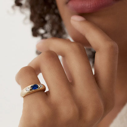 14k Gold Blue Sapphire and Diamond Oval Round Cut Dome Ring 0.80 ctw