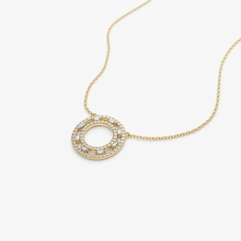 14k Solid Gold Round and Baguette Diamond Full Circle Necklace 0.44 Carat