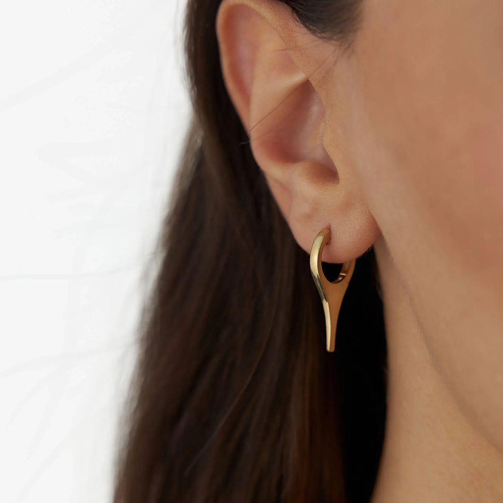14k Solid Gold Mini Dagger Drop Hoop Earrings 25mm Length 10mm Inner Diameter