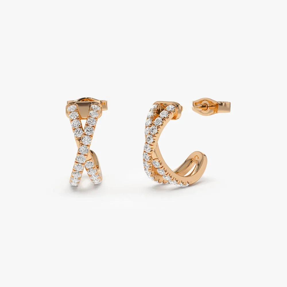 14k Gold Diamond Round Cut Criss Cross Hoop Earrings Micro-Pave 0.35 ctw