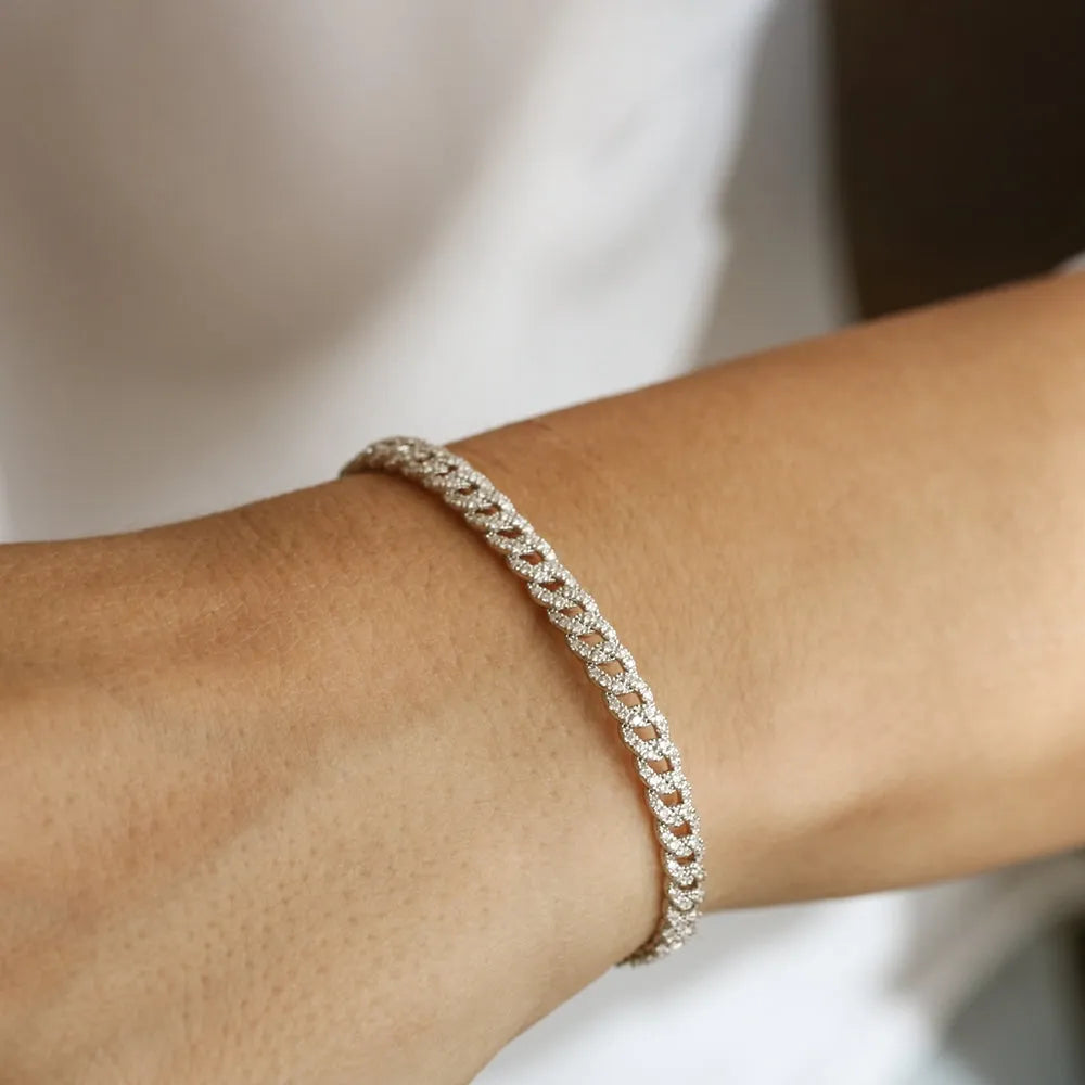 14K Solid Gold Round Diamond 4.8MM Cuban Link Micro-Pave Bracelet