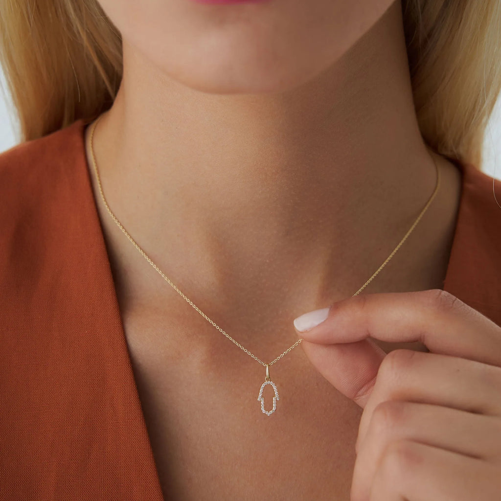 14K Solid Gold 0.14 CTW Round Diamond Hamsa Necklace