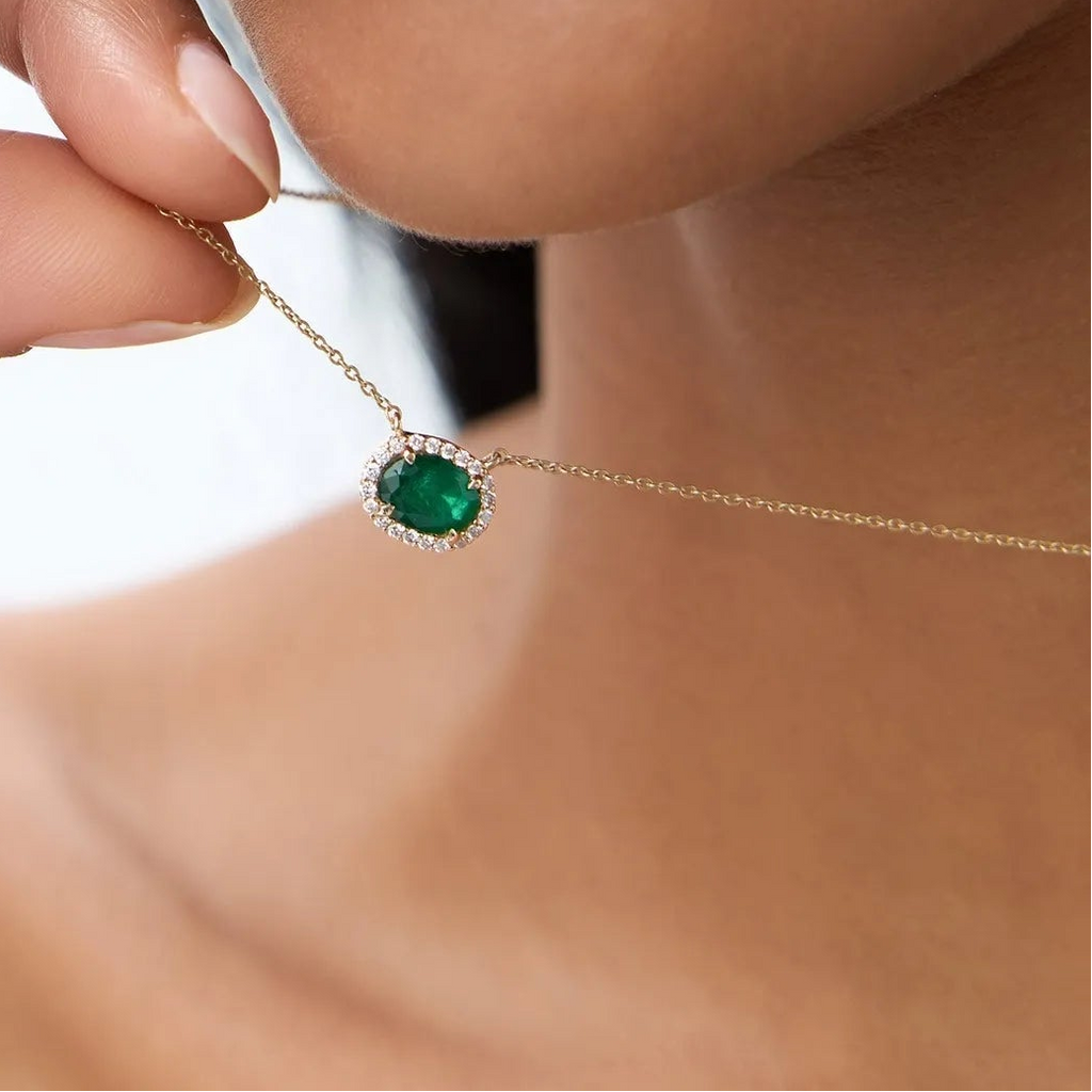 14k Solid Gold Octagon Emerald 0.75 CTW and Round Diamond 0.10 CTW Halo Pendant Necklace