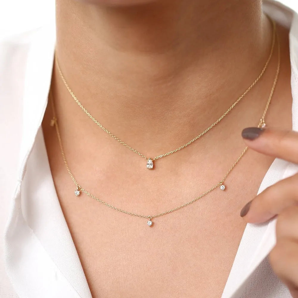 14K Solid Gold Round Diamond 5 Stone Dangling Necklace Prong Setting 0.35ctw