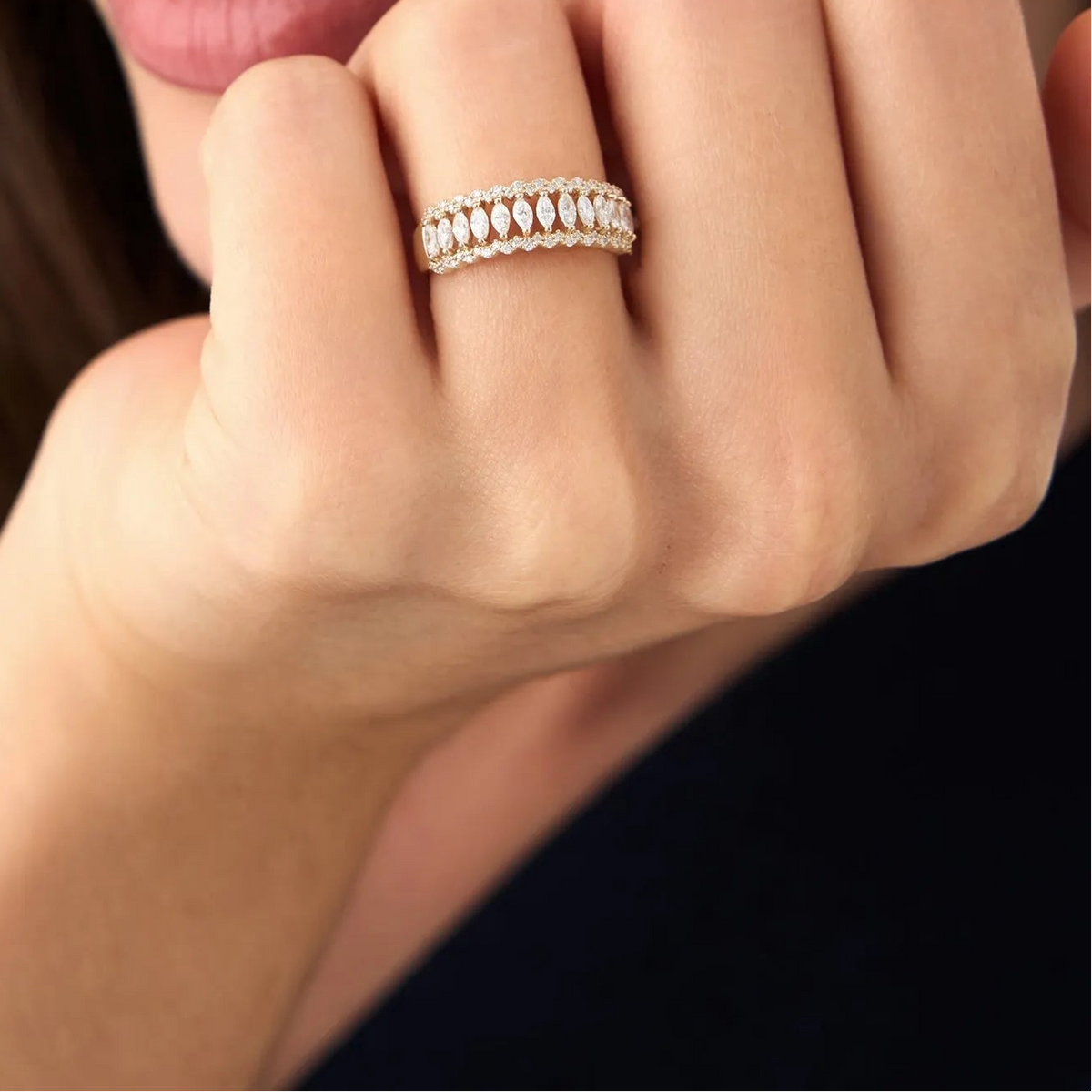 14k Solid Gold Marquise and Round Diamond 0.58 Carat Wide Pave Band Ring