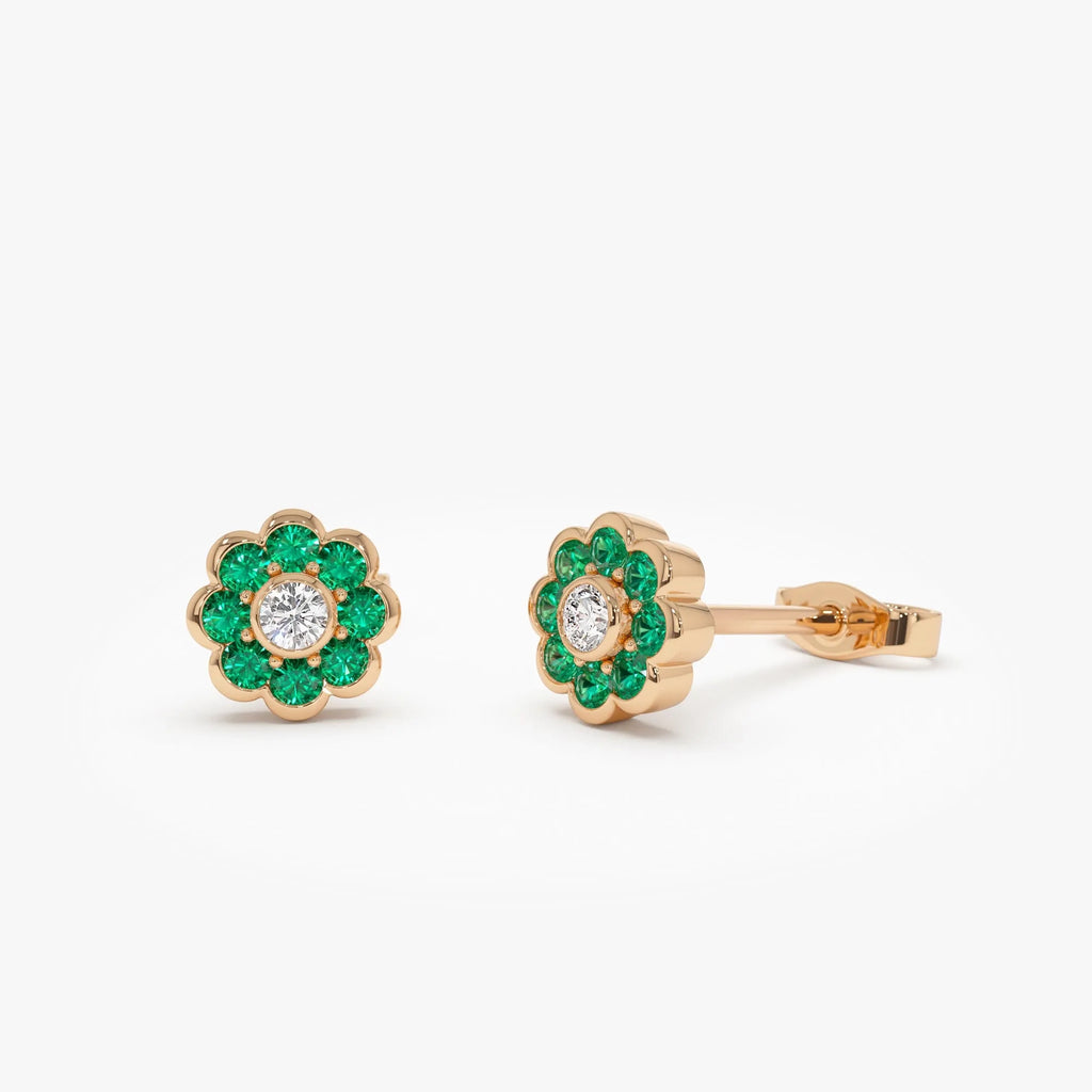14k Solid Gold Round Emerald and Diamond Flower Bezel Set Stud Earrings 0.49 ctw