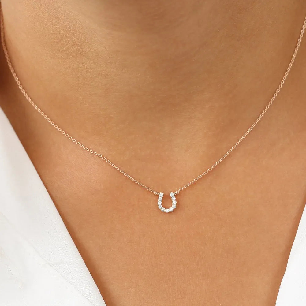 14K Solid Gold Round Diamond Micro Pave Mini Horseshoe Necklace 0.06cttw