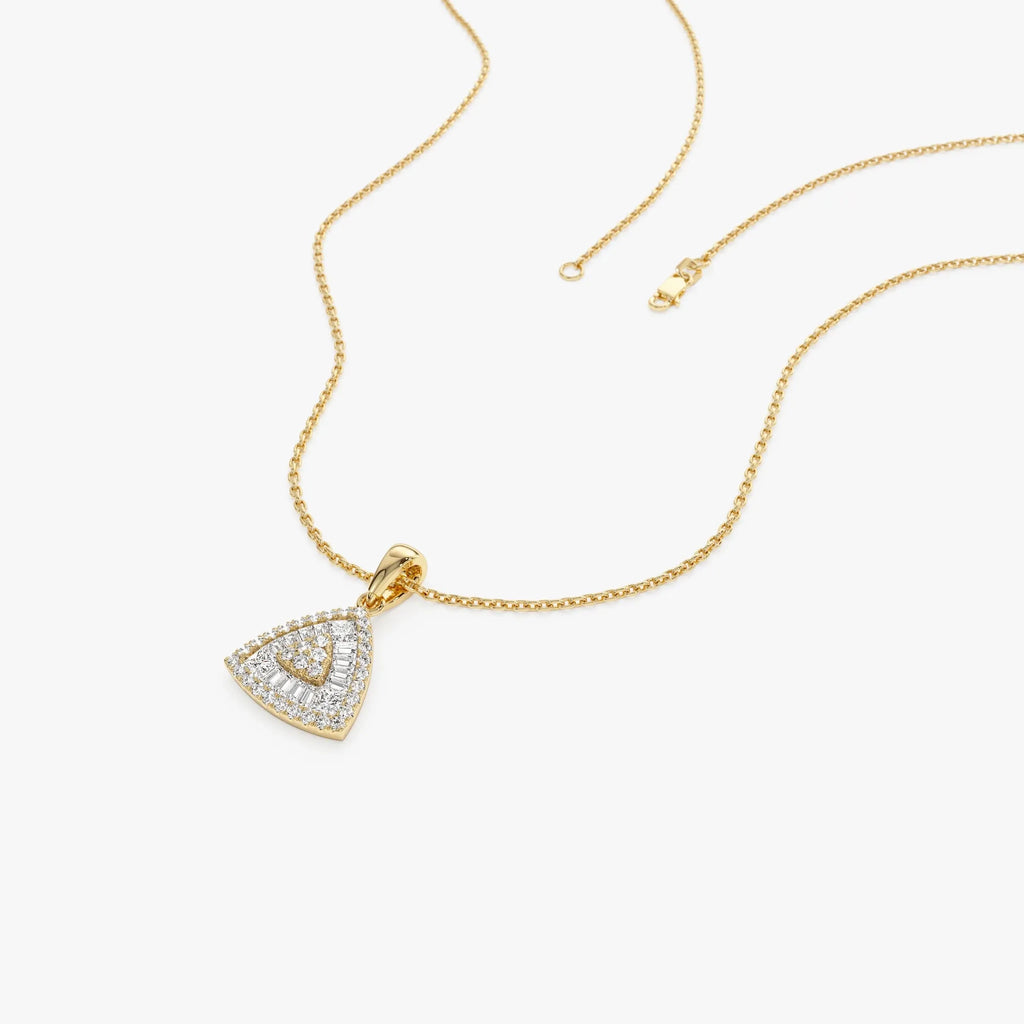 14K Solid Gold 0.42 CTW Round Baguette and Princess Cut Diamond Triangle Cluster Necklace