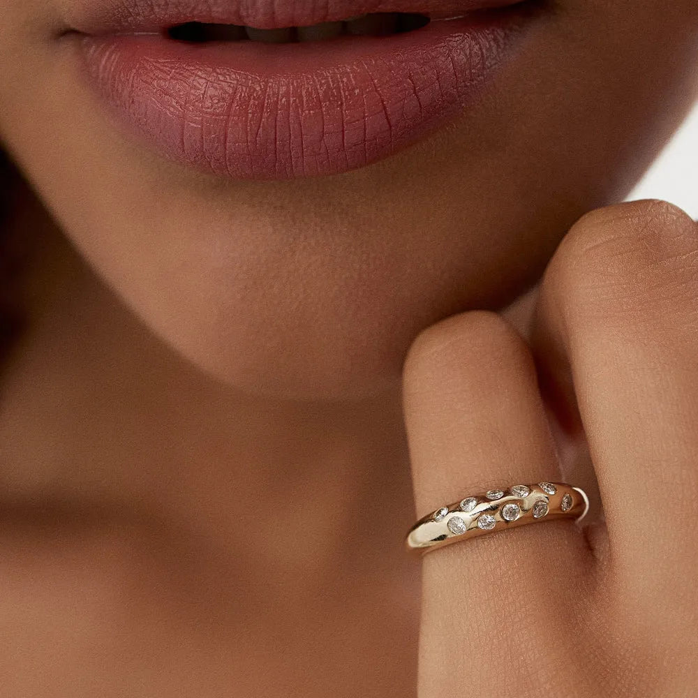 14K Solid Gold Round Diamond 0.30 Carat Dome Zig Zag Flush Setting Ring
