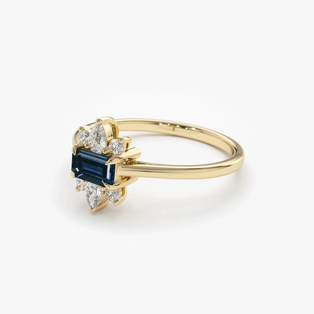 14k Gold Sapphire and Diamond Octagon Pear and Round Cut Ring 0.62 ctw