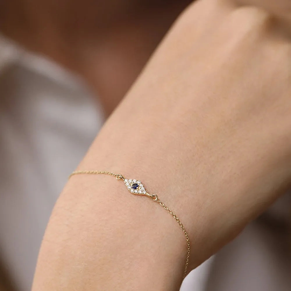 14K Solid Gold Round Diamond and Blue Sapphire Evil Eye Micro Pave Bracelet