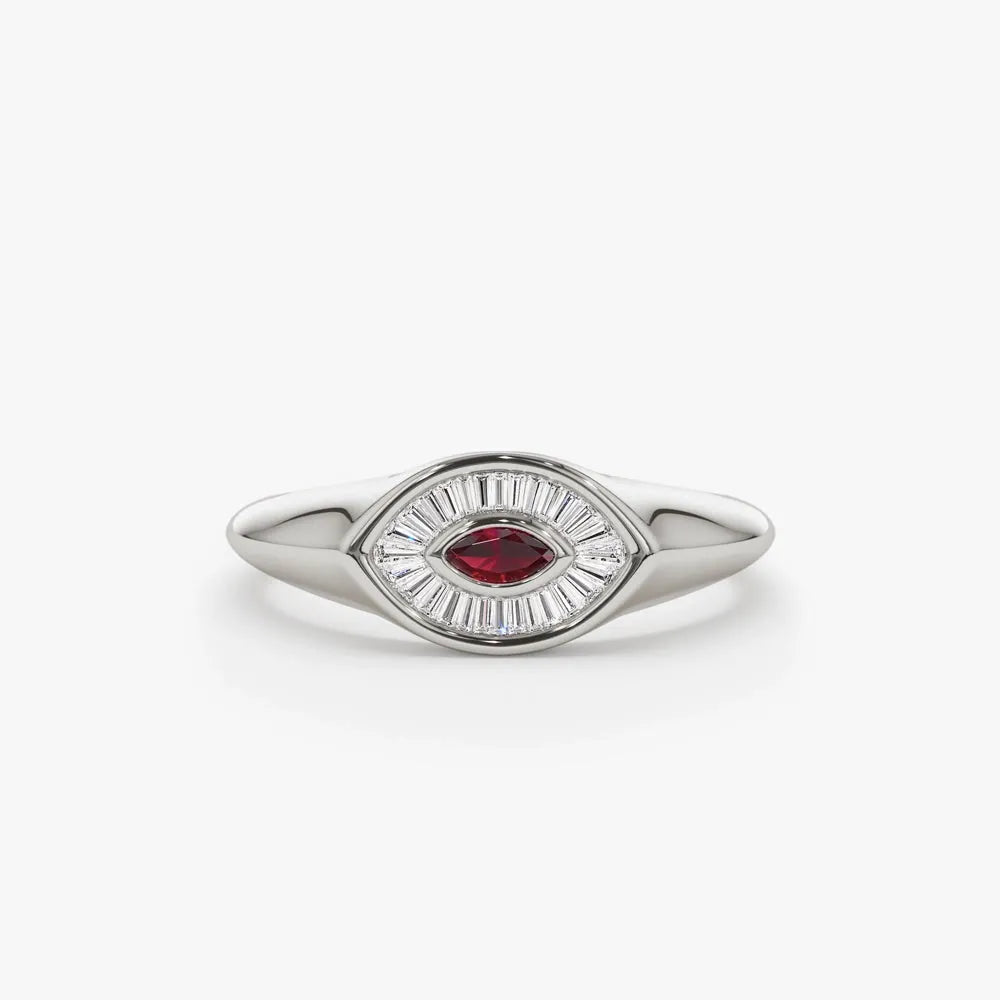 14k Gold Ruby and Diamond Marquise and Baguette Cut Ring 0.39 ctw