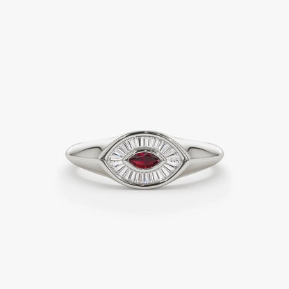 14k Gold Ruby and Diamond Marquise and Baguette Cut Ring 0.39 ctw