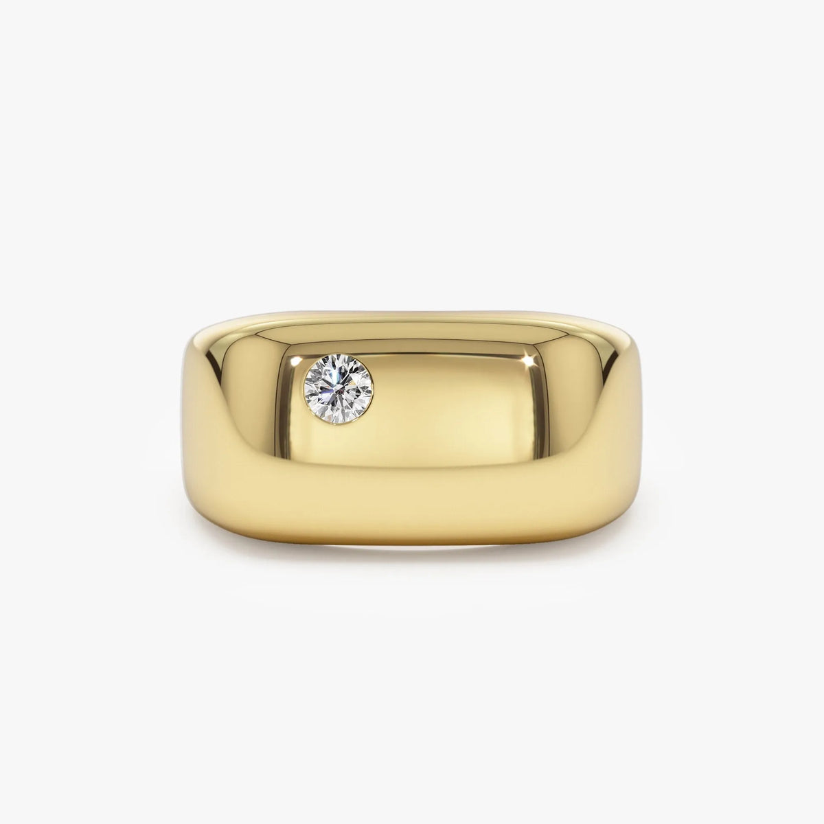 14K Solid Gold Round Diamond 0.08 Carat Rectangular Signet Ring