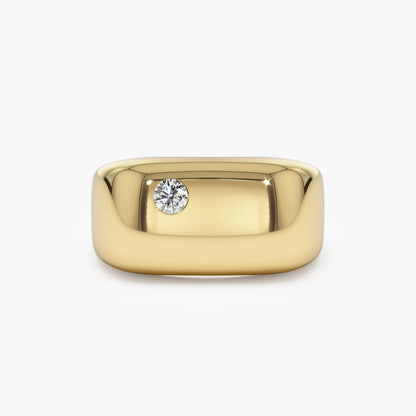 14K Solid Gold Round Diamond 0.08 Carat Rectangular Signet Ring