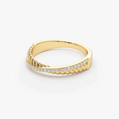 14k Gold 0.20 Carat Round Diamond Micro Pave Twisted Rope Criss Cross Ring