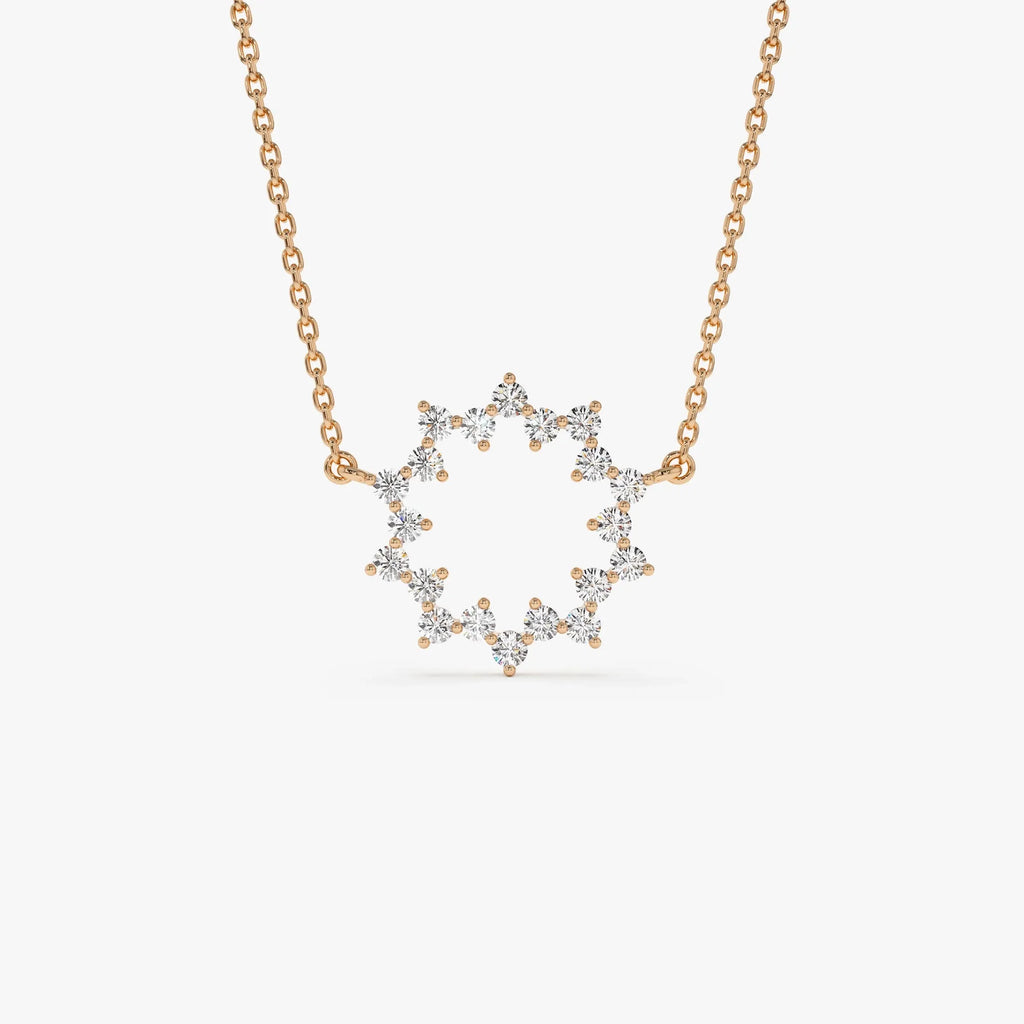 14K Solid Gold 0.40 CTW Round Diamond Sun Circle Necklace Prong Setting