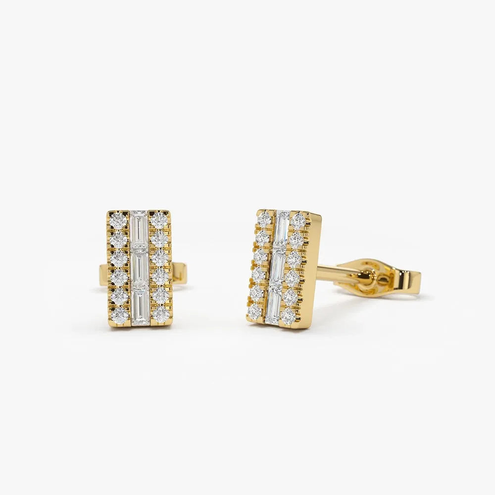 14k Gold Diamond Baguette and Round Cut Bar Stud Earrings 0.22 ctw