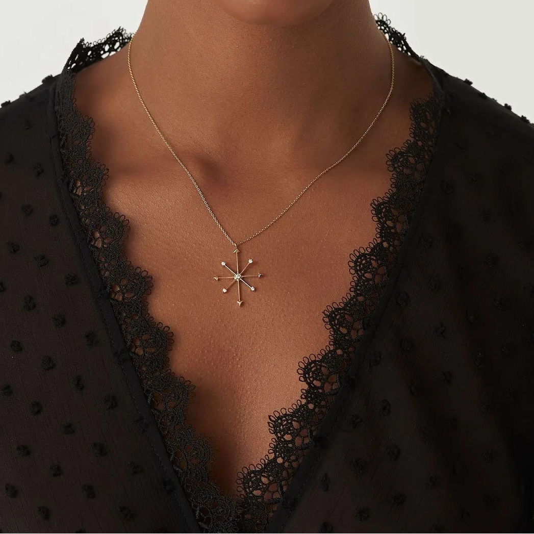 14K Solid Gold 0.11 CTW Round Diamond Compass Charm Necklace