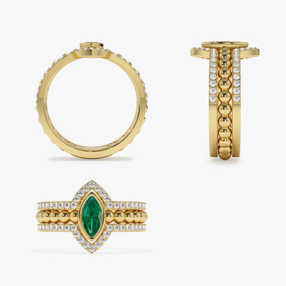 14K Solid Gold Marquise Emerald and Round Diamond Nesting Band Ring 0.70 CTW