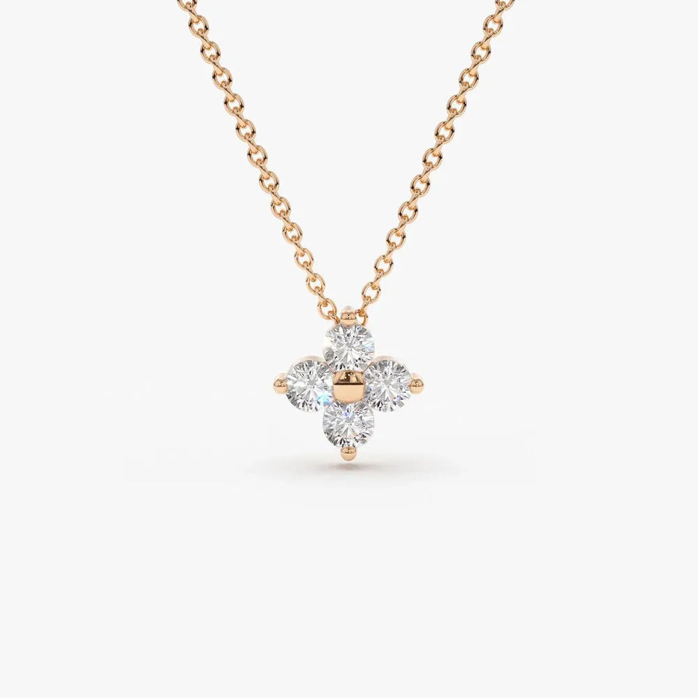 14K Solid Gold Round Diamond Clover Pendant Necklace 0.14ctw