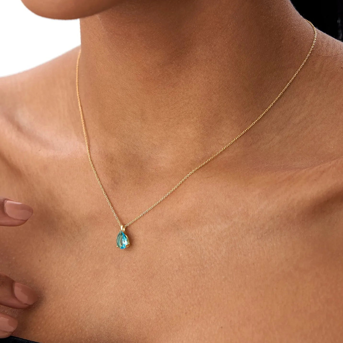 14k Solid Gold London Blue Topaz Pear Shaped Solitaire Necklace 0.80 Carat