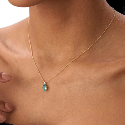 14k Solid Gold London Blue Topaz Pear Shaped Solitaire Necklace 0.80 Carat