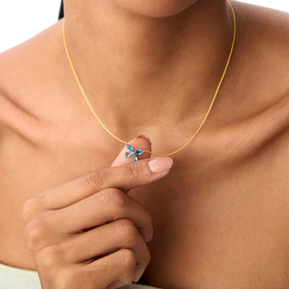 14k Solid Gold London Blue Topaz Pear and Marquise Butterfly Necklace 1.21 Carat