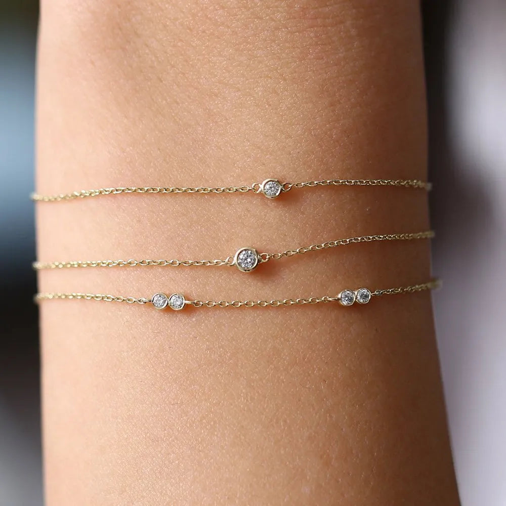 14K Solid Gold Round Diamond Double Station Chain Bracelet Bezel Setting 0.18 Carat