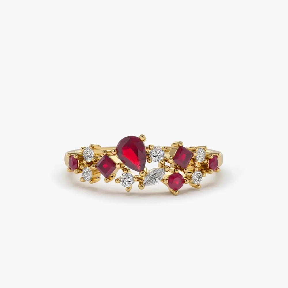 14k Gold Ruby and Diamond Mixed Shape Cluster Ring 0.60 ctw