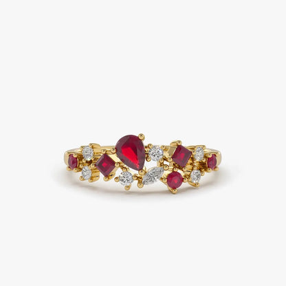 14k Gold Ruby and Diamond Mixed Shape Cluster Ring 0.60 ctw