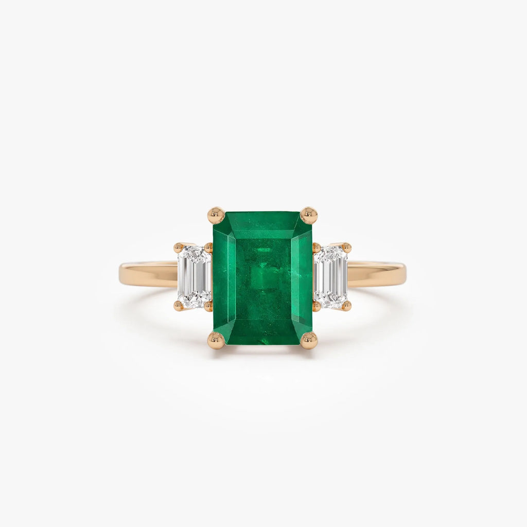 14K Solid Gold Emerald Cut Emerald and Diamond Three Stone Engagement Ring 1.75 CTW