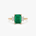 14K Solid Gold Emerald Cut Emerald and Diamond Three Stone Engagement Ring 1.75 CTW