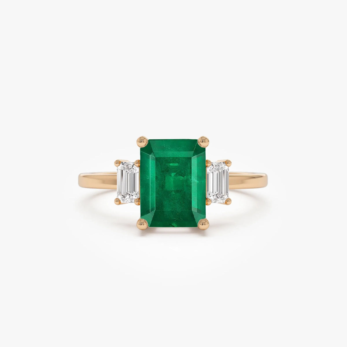 14K Solid Gold Emerald Cut Emerald and Diamond Three Stone Engagement Ring 1.75 CTW