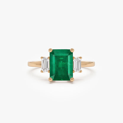 14K Solid Gold Emerald Cut Emerald and Diamond Three Stone Engagement Ring 1.75 CTW